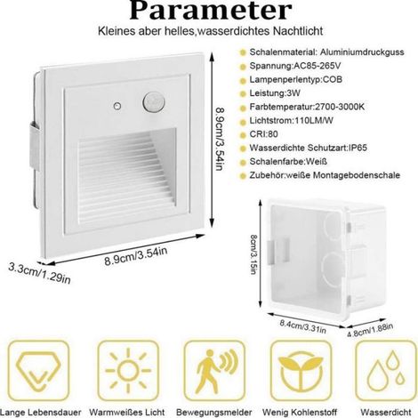 Lot de 2 LED Spot Mural Encastré 3W Applique Murale Escalier Etape Lumière Lampe Détecteur de Mouvement Sol Encastré Lumière (1/4)