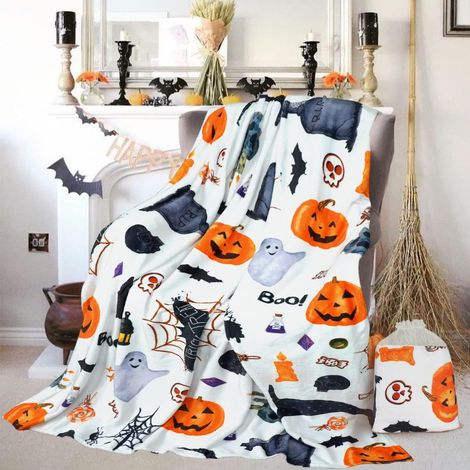 Couverture d'Halloween - Couverture chauve-souris fantôme citrouille - Décoration d'Halloween douillette pour canapé, lit ou salon 127 x 152 cm Style-7 (1/4)