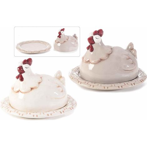 Piatti a vassoio adatti al contatto alimentare con coperchio a gallina in ceramica, set da 2 pezzi, cm 19 x 16 x 13 H