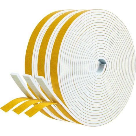 Joint adhésif Porte entree Fenetre 3 rouleaux 12mm x 3mm x 5m Joint Isolation en Mousse Caoutchouc Joint Antichoc Contre courants d'air Protection Meuble Mur Poignée -Mousse blanc film jaune