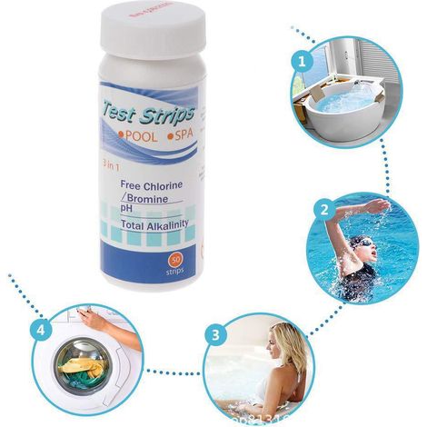 Bandelettes de test 3 en 1 pour piscines et sources thermales - Test multifonctionnel pour le pH, le chlore, l'alcalinité, le brome et la dureté (50 bandelettes par flacon) (1/4)