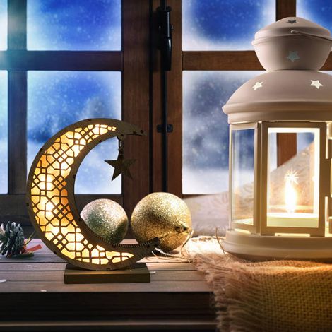 Lampadaire Ramadan en Bois avec LED + Lune et Stars Creuses - 21x116cm, Lumière Jaune Douce, 121g, Batteries AA (1/5)