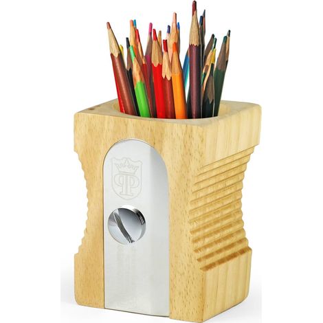 Organizador de escritorio con sacapuntas - madera maciza clara (1/5)