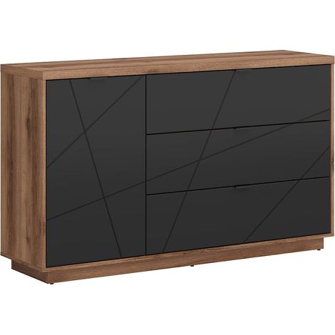 Commode Buffet avec 1 porte et 3 tiroirs, coloris Chêne delano / Noir mat - Longueur 156 x Profondeur 42,5 x Hauteur 93 cm (1/5)