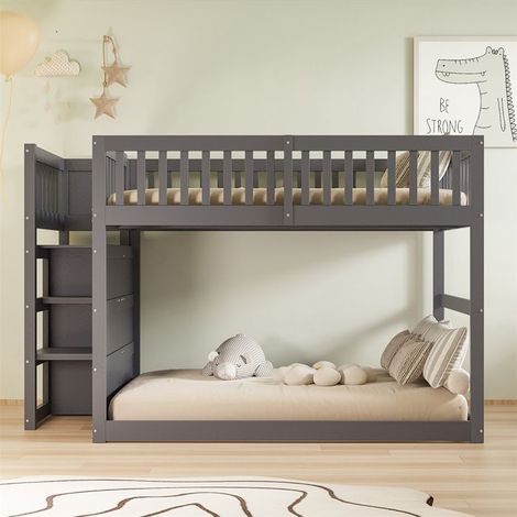 Lit superposé bas 140 x 200 cm en bois gris avec rangement, sommier inclus, 2 places, capacité 120 kg (1/5)
