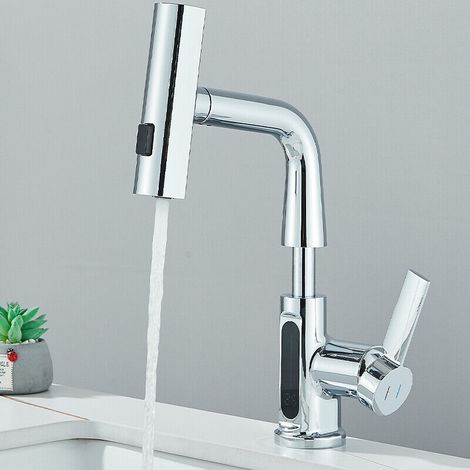 Robinet de Lavabo Douchette Extensible avec cascade Chromé, Digital Affichage de la Température LED, Robinetterie de salle bain Rotatif à 360°, 3 Modes Mitigeur d'Évier pour Lavabo Bains, Hauteur Régl (1/5)
