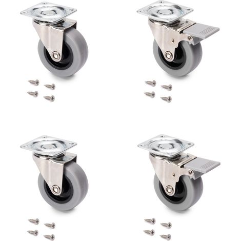 Emuca – Lot de 4 roulettes Slip 50mm avec frein – Capacité 35kg – Montage facile avec vis – Pour meubles en acier