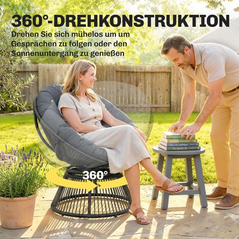 Fauteuil Papasan rotatif 360°, assise en osier rond avec coussin, structure en acier, fauteuil lounge en rotin, couleur gris
