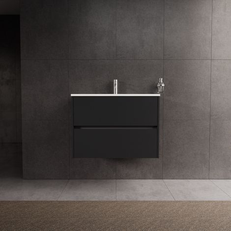 Inda - Badezimmerschrank 2 Schubladen L.80 mit glänzendem Waschbecken / Mattschwarz - diamante