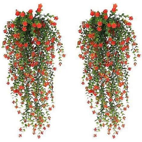 1/2 pièces de vigne de fleurs artificielles suspendues, résistantes aux UV, fausses plantes florales retombantes en plastique, lierre pour la maison, les mariages et l'intérieur2 pièces orange (1/5)