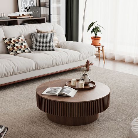 DESMIU Table basse ronde avec espace de rangement, 1 compartiment, pour salon, en bois massif et MDF, noyer, Ø 75 cm (1/5)