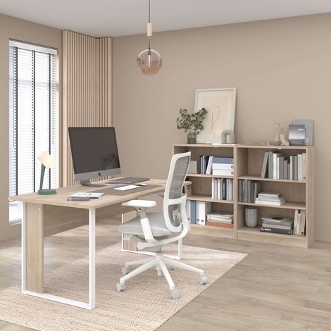 Escritorio con 2 Estanterías Bajas, Pack Muebles de Oficina Veltis, Melamina Blanco y Roble Japonés
