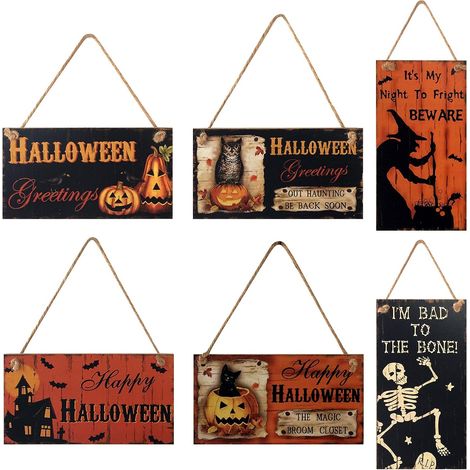 Panneau en bois Halloween,6 pièces Happy Halloween porte panneau mural avec cordes de chanvre 20 x 10 cm (1/5)