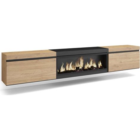 Mueble TV Jubrique-01 de 267x45x35 cm con chimenea eléctrica XXL suspendido, color roble y negro (1/4)