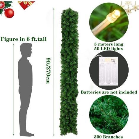 Künstliche Weihnachtsgirlande – 2,7 m/9 Fuß mit 30 LED-Efeu-Elementen – Für Treppen, Kamine, Türen – Für den Innen- und Außenbereich (Grün) (1/4)