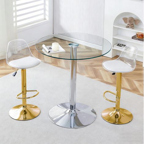 Set de bar de vidrio 89 cm con 2 taburetes regulables y giratorios, transparente DESVIAE (1/5)