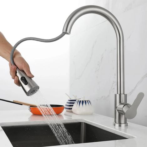 Robinet de cuisine (Brossé 2-G1/2) avec douchette extractible, rotation à 360°, eau chaude et froide, noir et argent, monotrou (1/5)