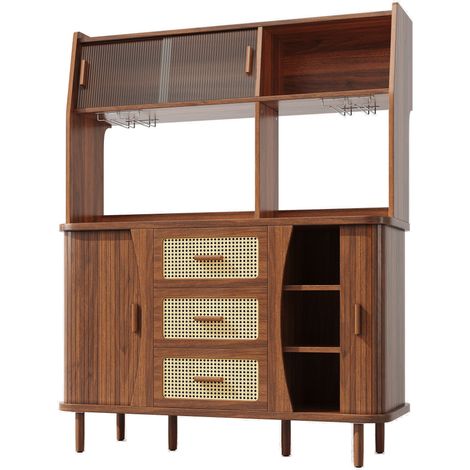 Buffet haut de qualité avec aspect rotin & portes coulissantes en verre, meuble de cuisine de 174,5 cm de haut avec espace de rangement, aspect bois naturel/noyer, charge supportée jusqu’à 60 kg (1/5)
