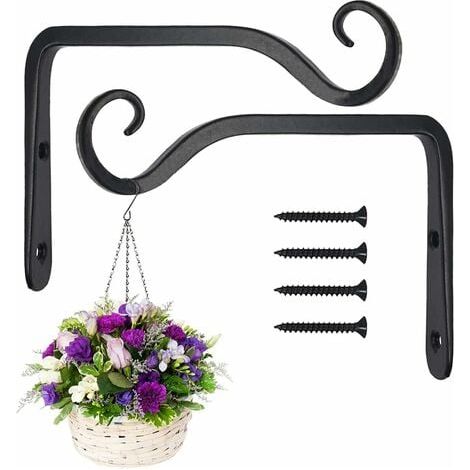 LaBlanc – 2er-Pack schwarze Wandhalterungen für Hängekörbe, Hängekorbhalter aus Metall aus Schmiedeeisen, Hängekorbhalterung für Vogelhäuschen/Pflanzen/Windspiele (mit Schrauben) (1/4)