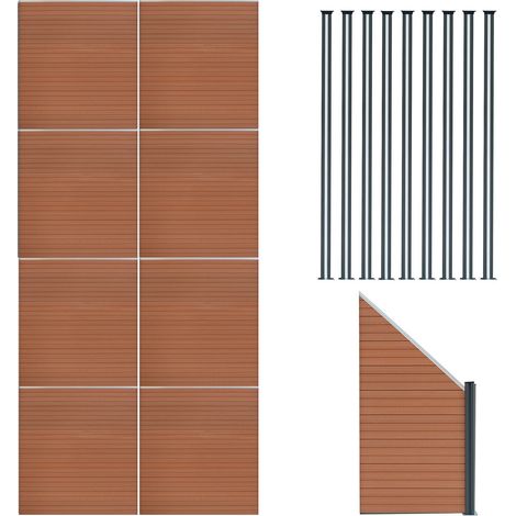 Pannelli Recinzione x8, Elemento Angolare & 10 Pali Metallo 185cm x 1484cm LED Solare Recinzione Doppia Faccia Marrone in Legno Composito per Giardino Esterno, Privacy e Design Moderno