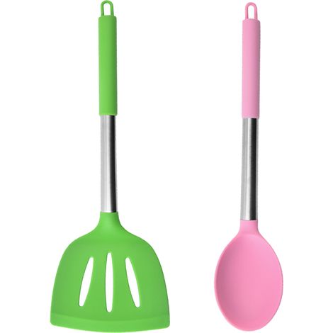 Ensemble Ustensiles Cuisine Silicone Acier Inoxydable Resistante Chaleur Pour Poêle Antiadhésive Lot De 2 (1/5)