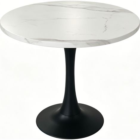 Table ronde 80 cm compacte pour 2 à 4 personnes, effet marbre blanc, plateau MDF et pied métal noir, idéale pour salle à manger, cuisine ou bureau CHICFURN (1/5)