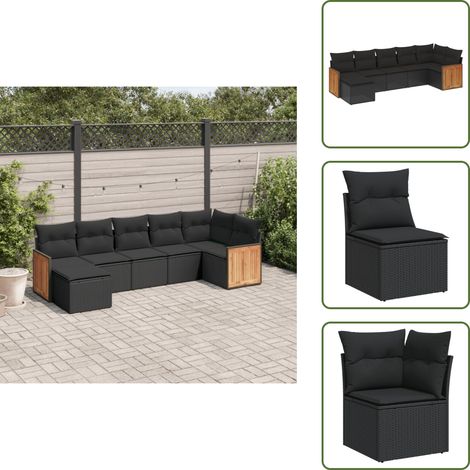 The Living Store 7-tlg. Garten-Sofagarnitur mit Kissen Schwarz Poly Rattan - Gartensorgsatz - Gartenmöbelset - Rattan Möbel - Outdoor Lounge Set - Balkonmöbel