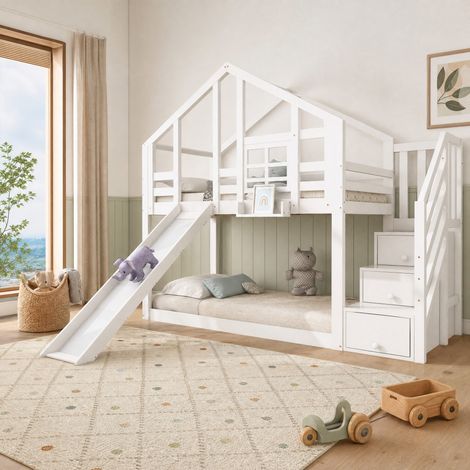 DESMIU Lit superposé enfant 90 × 200 cm avec toboggan, rangements et barrières, sans matelas, blanc (1/5)