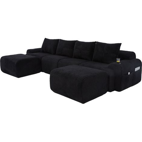 Sofá modular de pana negro para 4 personas con 2 pufs y portavasos (1/5)