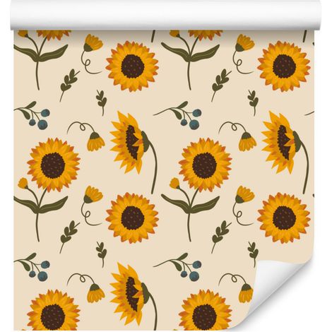 Papier peint Tournesols Crème et Or pour Salon et Chambre 50x1000 cm (1/5)