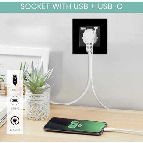 Prise murale noire avec USB et Type-C, protection surtension, charge rapide jusqu’à 3,1A