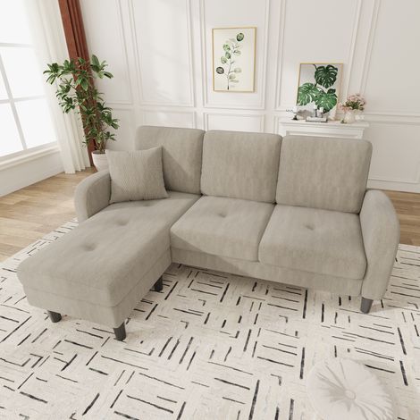 Canapé d'angle en L avec méridienne, 166 x 118 x 77 cm, canapé 3 places, tissu velours côtelé respirant, pieds en plastique, modulable, Marron clair