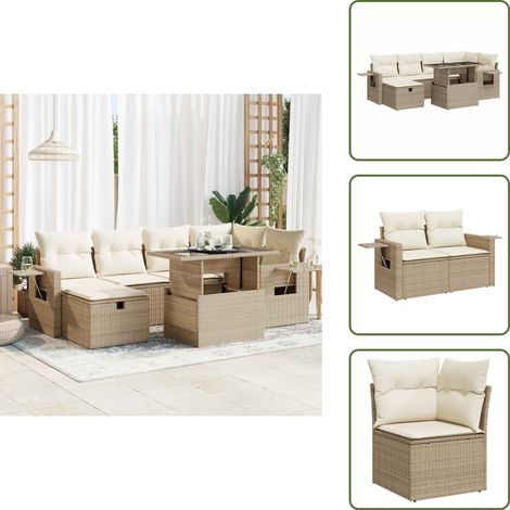 7-tlg. Garten-Sofagarnitur mit Kissen Beige Poly Rattan - Garten Sofagarnitur - Garten Sofagarnituren - Outdoor Sofagarnitur - Sofagarnitur Terrasse (1/5)