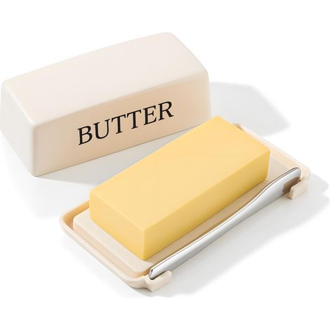 Beurrier avec couvercle et spatule, récipient de rangement compatible lave-vaisselle pour plan de travail ou réfrigérateur, blanc (1/5)