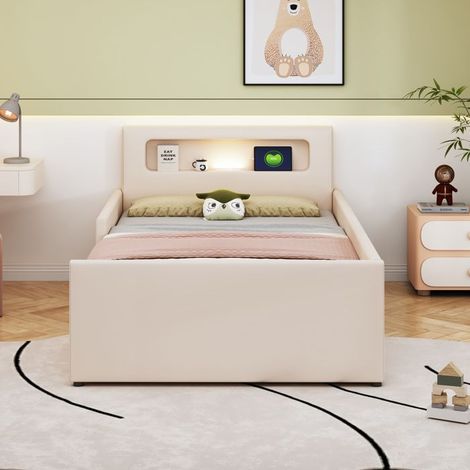 Lit enfant - KOMHTOM - Tapissier 90x200 - Similicuir beige - USB & LED intégrée - 2 tiroirs (1/5)