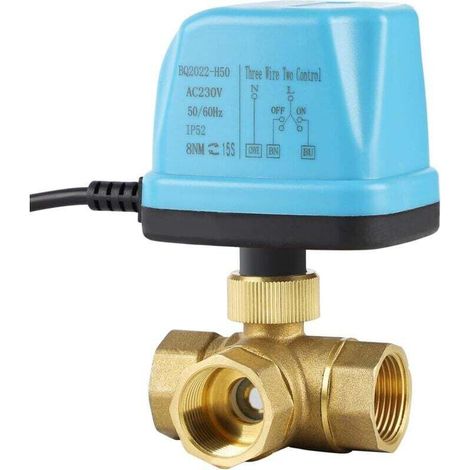 3-Way Motorized Ball Valve, DN20 3/4 Inch, AC 230V, Motorized Solenoid Valve, Electric Brass Zone Valve, Blue