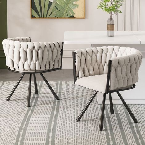 Chaise de salle à manger lot de 2, assise rembourrée en lin beige, rotation 360° dossier ergonomique, structure métal noir (1/5)