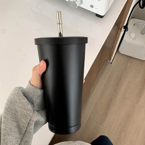 Neuer Edelstahl-Kaffeebecher mit Strohhalm, isolierter Becher mit großem Fassungsvermögen, Milchteebecher, isolierter Autobecher (heiß/kalt), schwarz. (1/5)
