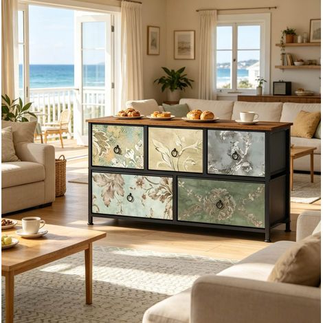 Cassettiera multifunzione 100x54x30 cm multicolore in tessuto, MDF e metallo con 5 cassetti e piano d'appoggio (1/5)