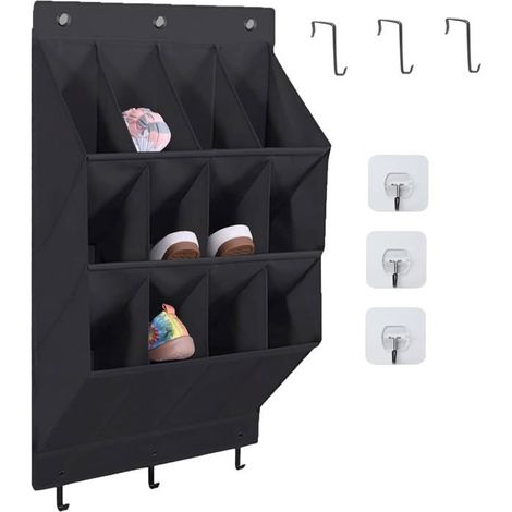 Ecleanfy - Étagère à chaussures suspendue avec 12 compartiments profonds, étagère à chaussures murale, étagère de rangement, lin noir, noir (1/5)