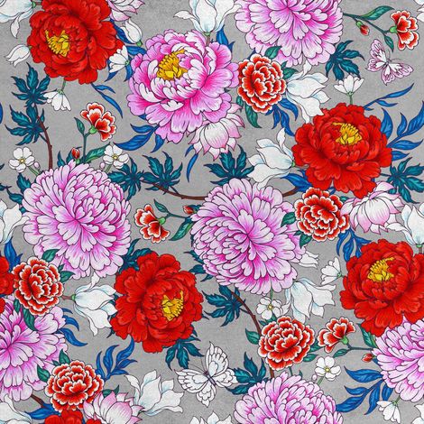 Tissu polyester velours royal pour couture - Motif pivoines roses et blanches (1/5)