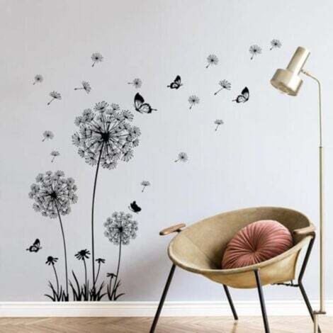 Autocollant mural pissenlit noir, autocollant mural papillon amovible pour salon, chambre, bureau, décoration murale (1/4)