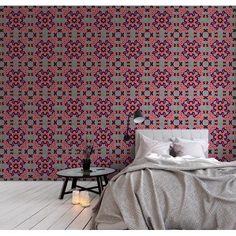 Papier peint panoramique gris & rose original | Tapisserie panoramique graphique néon chambre ado | Papier peint panoramique idéal couloir - 270 x 400 cm (4 pièces) (1/5)