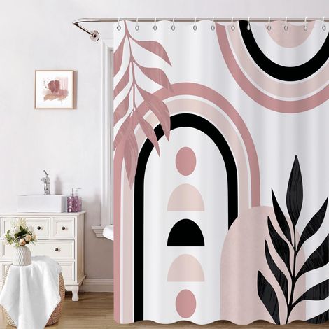 Rideau de Douche, 165x180cm, Rose Blanc Art Moderne Abstrait du Milieu du Siècle Boho Géométrique Imperméable Rideau de Salle de Bain Lavable en Machine avec Crochets (1/5)
