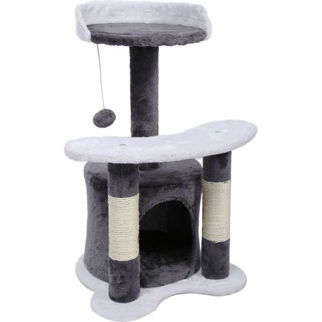 Rascador para gatos con plataforma de sisal de 65 cm, nicho y pelota de juego, poste rascador gris y blanco 160000003 (1/5)