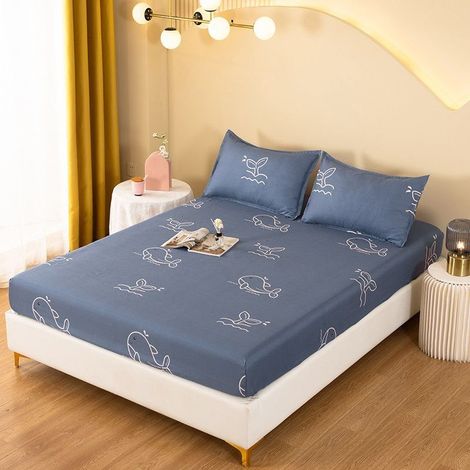 Ensemble de Drap-Housse 200x220 cm - Housse de Matelas Élastique avec Motif Poissons, Drap Plat et Taies d'Oreiller, Linge de Lit Fin en Couleur Unie (1/2)