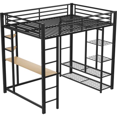 Cama alta de metal 140 x 200 cm con escritorio y almacenamiento negra (1/5)