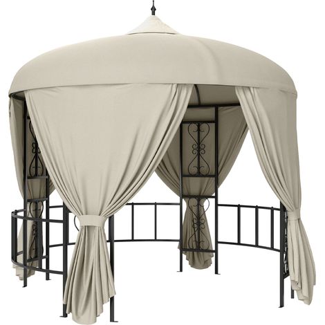 Gazebo da Giardino Rotondo Ø3m con Tende e Prese d'Aria in Metallo e Poliestere, Beige