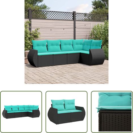 Gartenmöbel - 5-teiliges Gartensofa-Set mit Kissen, schwarzes Polyrattan (1/5)