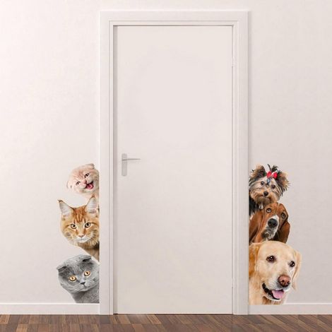 Sticker mural 3D chat et chien, imperméable et amovible, pour chambre/porte/salle de bain/salon H (1/5)